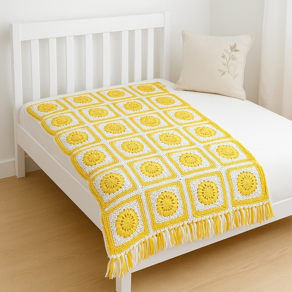 Hand Crafted Other - Handmade Yellow White Crochet Granny Square Blanket 37x63 Sunflower Fringe Retro